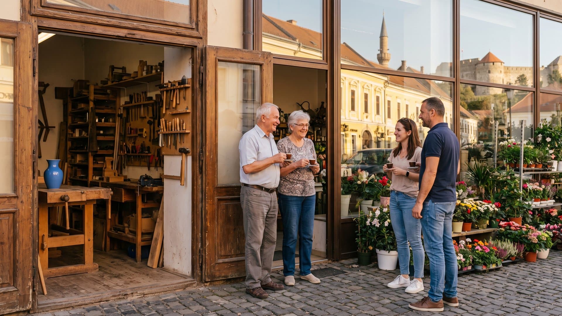 Egy kis családi műhely és egy virágbolt egy macskaköves utcában