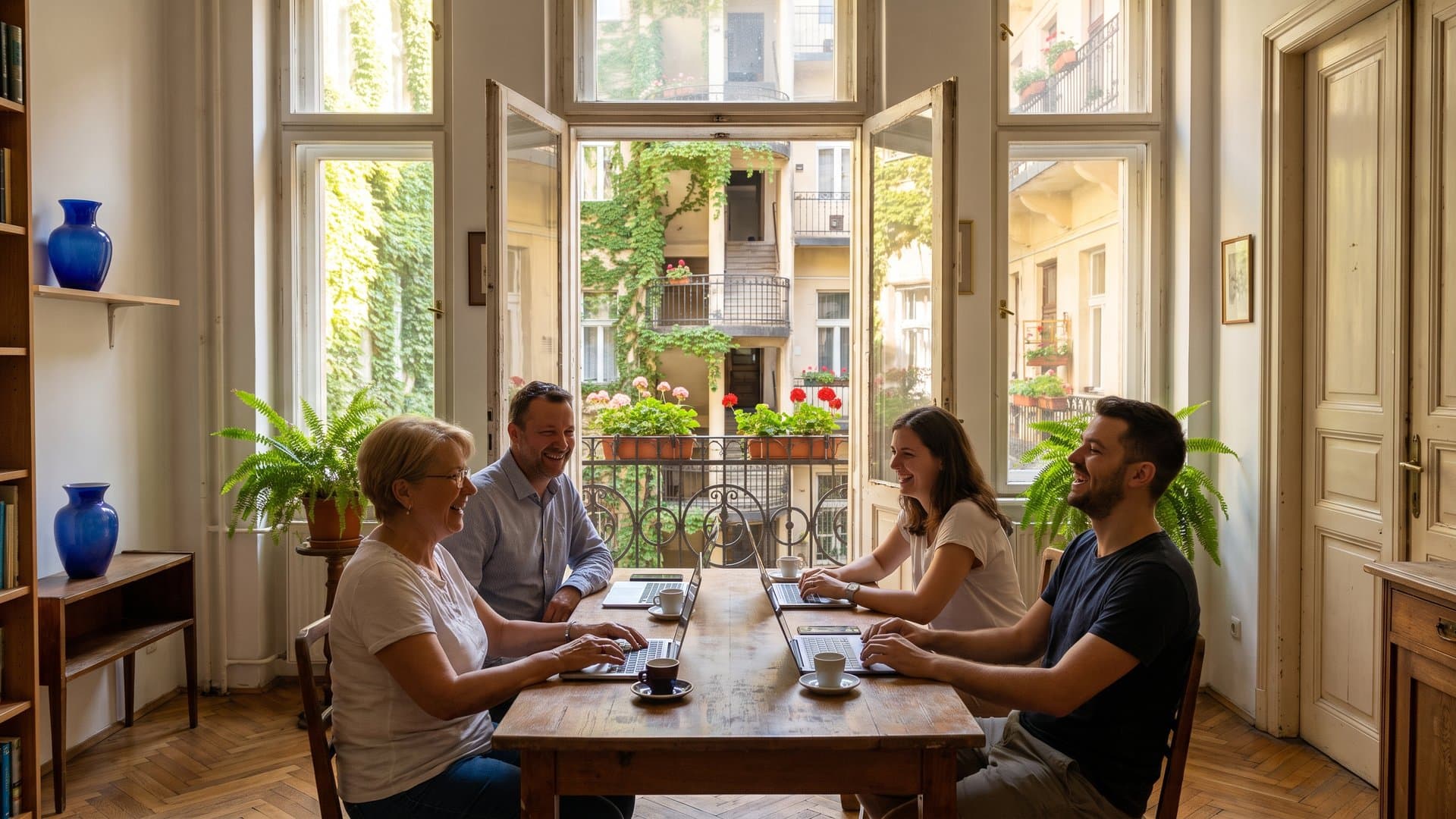 Egy kis, barátságos csapat nevet együtt egy asztal körül egy világos irodában