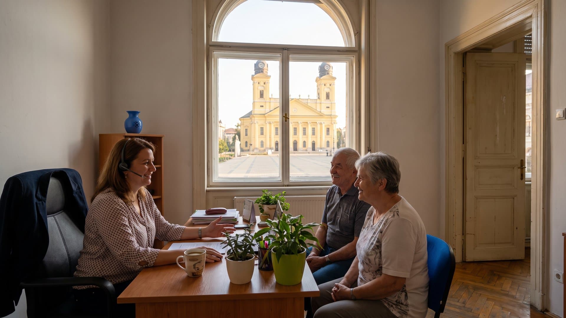 Egy ügyfélszolgálatos headsettel, mosolyogva segít egy ügyfélnek