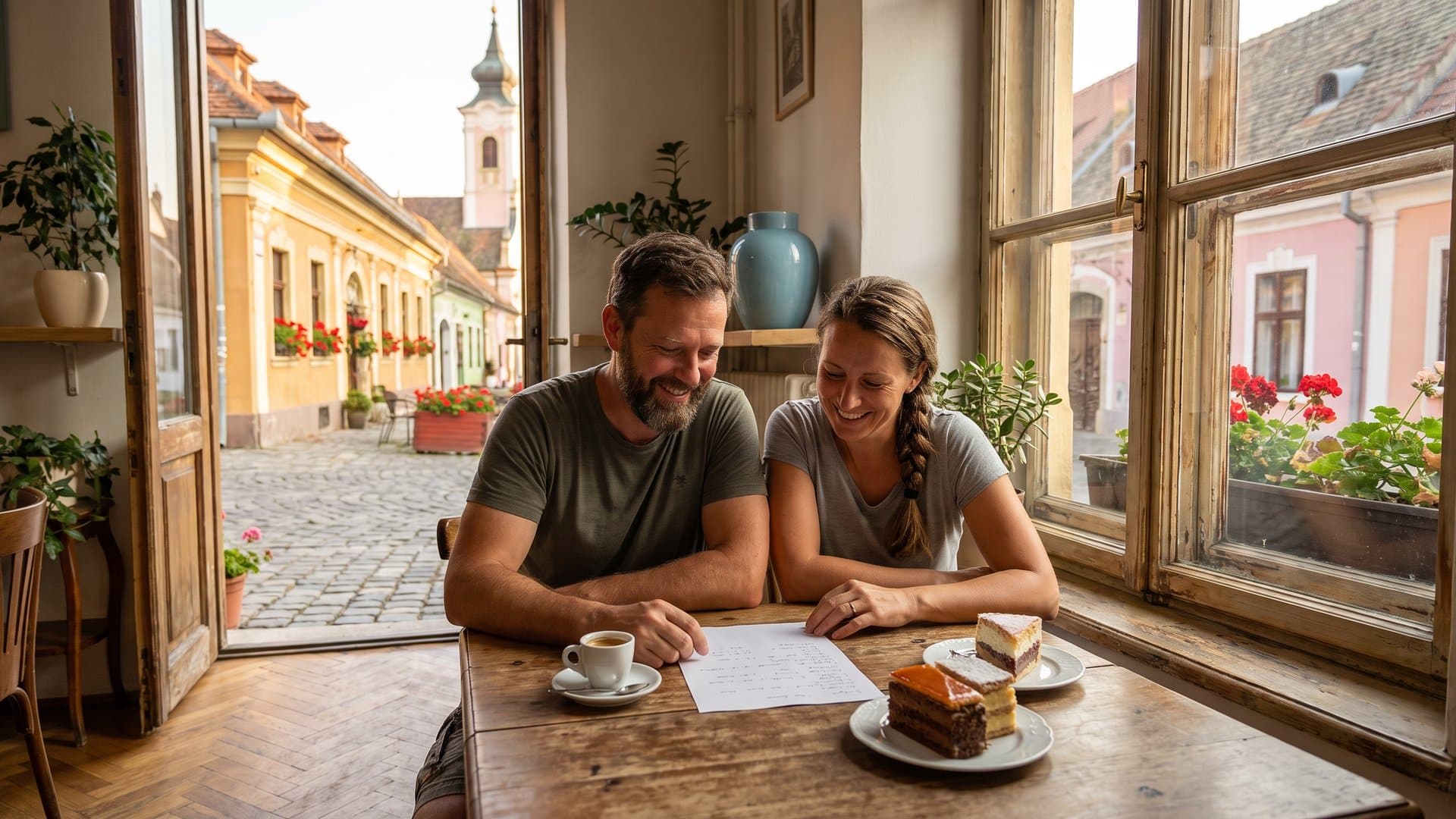 Egy kis cukrászdát vivő pár egy egyszerű tervet néz át egy kávé mellett