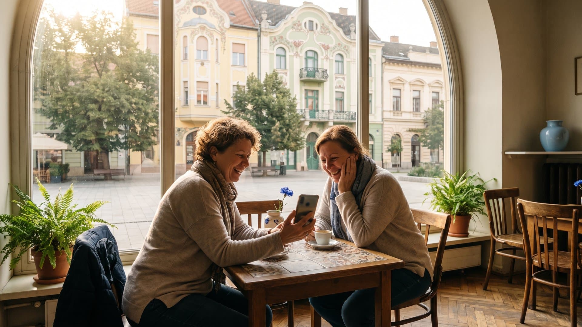 Két vállalkozó barát beszélget egy kávé mellett egy hangulatos kávéházban